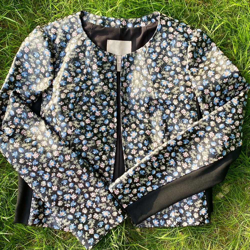 Rebecca Taylor Zelma Floral Print Genuine Leather Jacket Spring Light Cropped